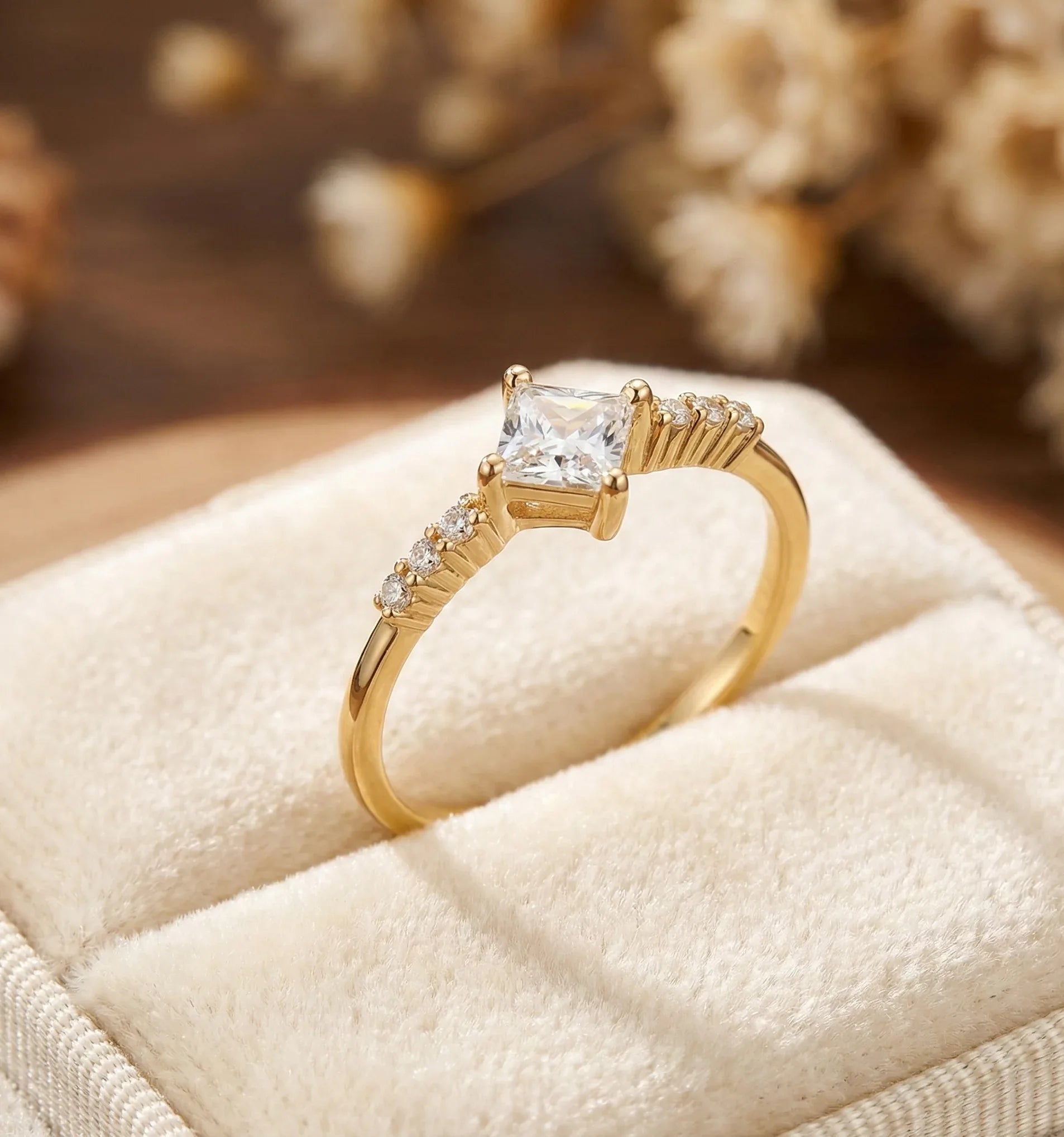 14K Gold Princess Cut Solitaire Ring – Dainty Accent Engagement Band - 3