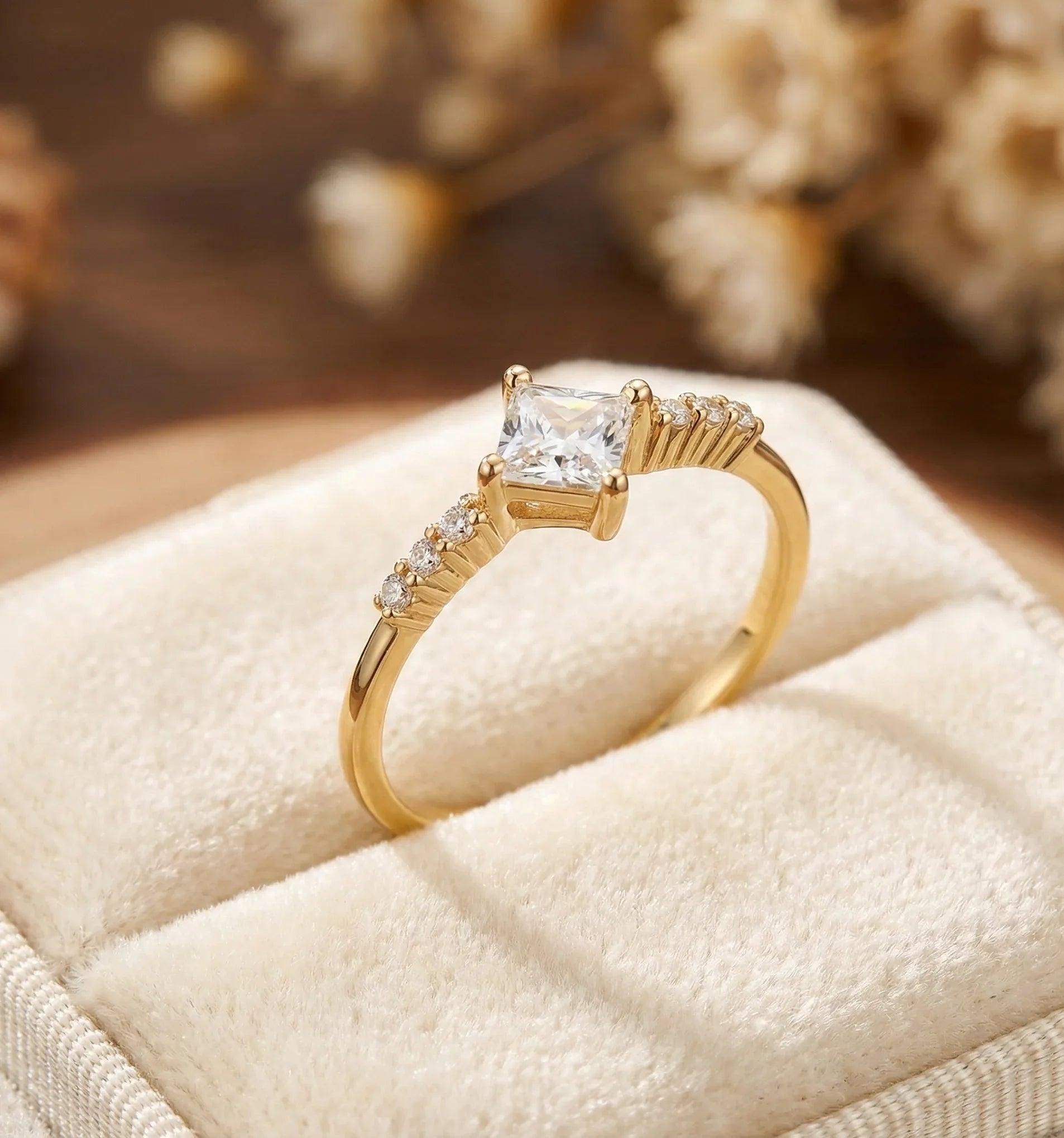 14K Gold Princess Cut Solitaire Ring – Dainty Accent Engagement Band - 3