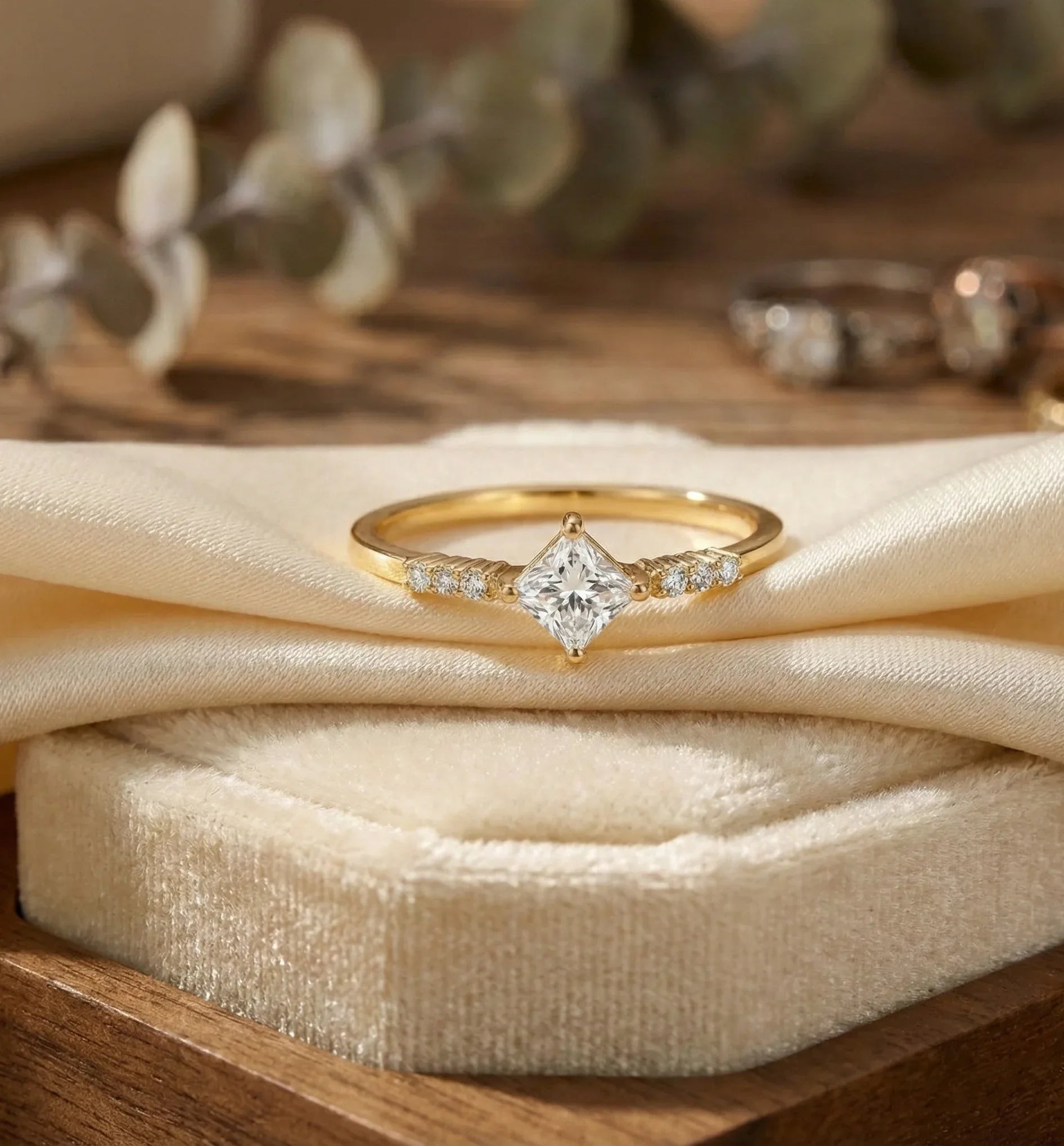 14K Gold Princess Cut Solitaire Ring – Dainty Accent Engagement Band - 6