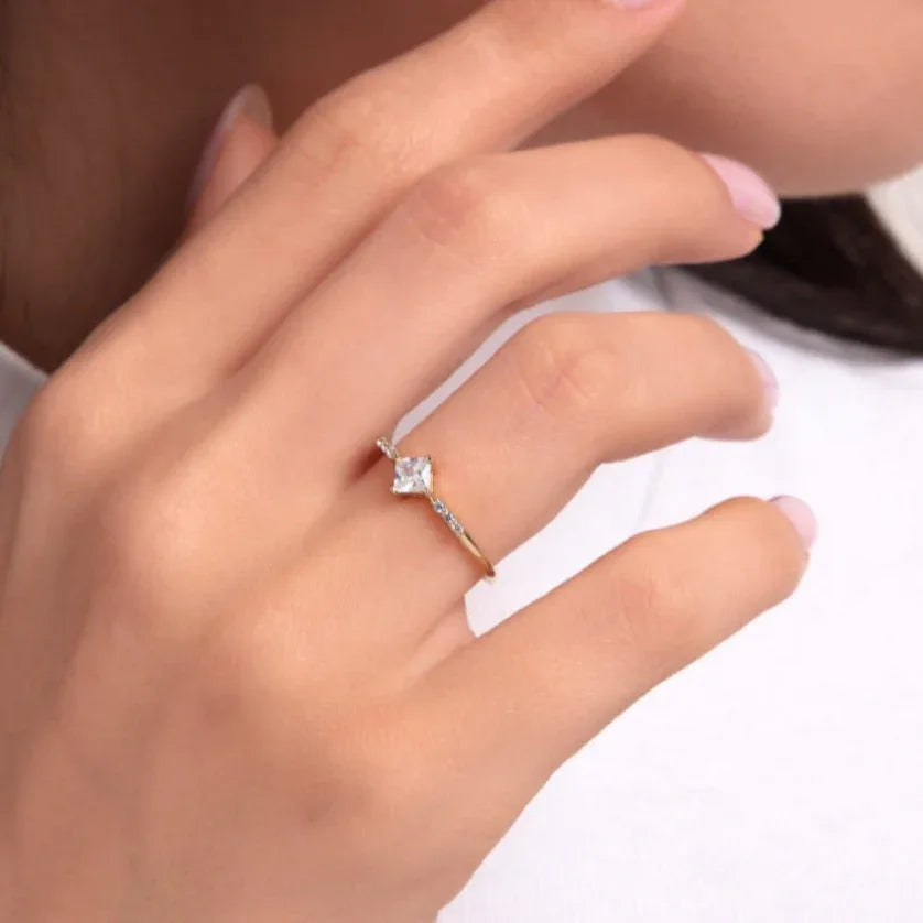 14K Gold Princess Cut Solitaire Ring – Dainty Accent Engagement Band - 9