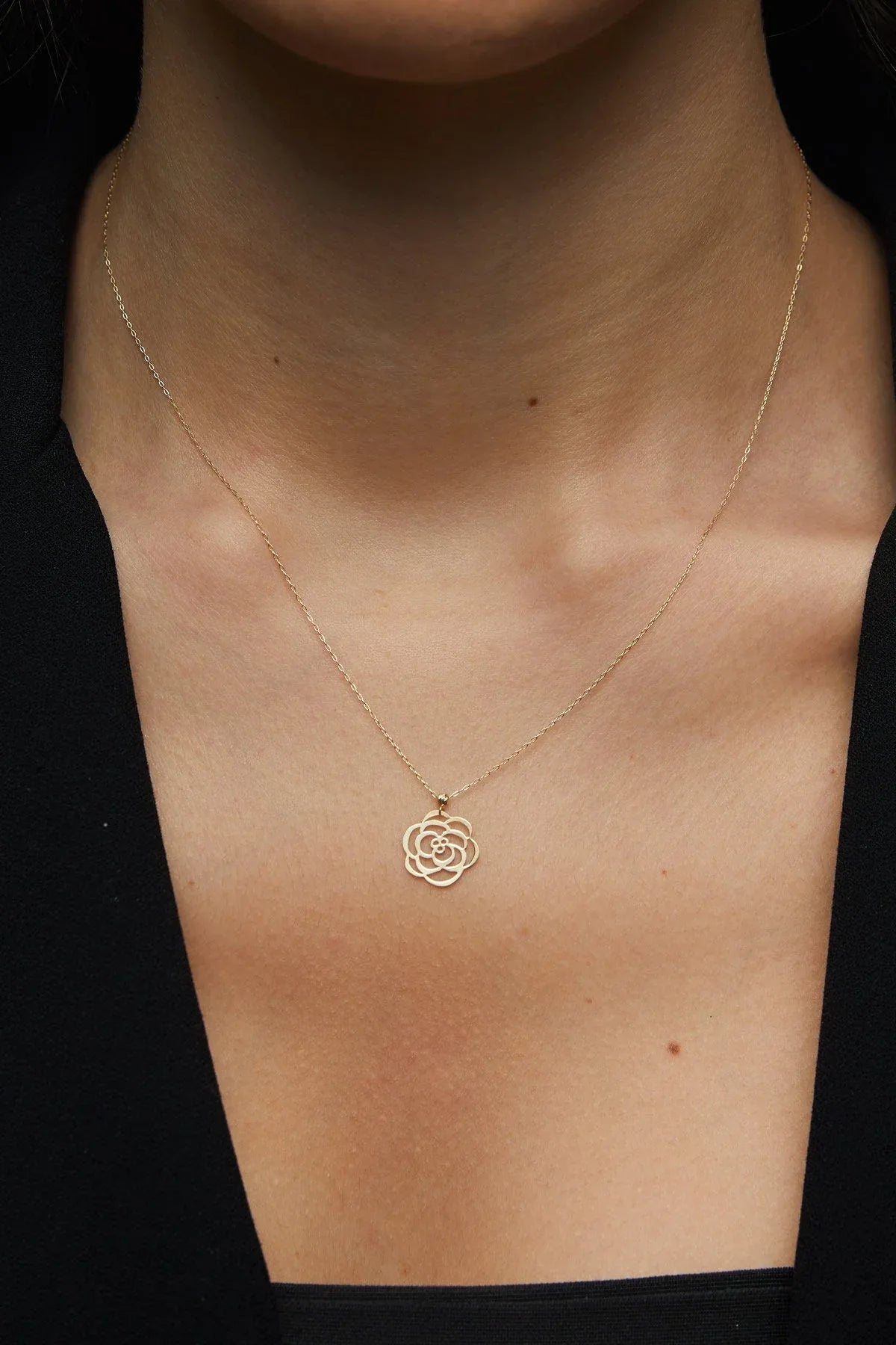 14K Gold Rose Flower Necklace – Dainty Real Gold Floral Pendant - 3