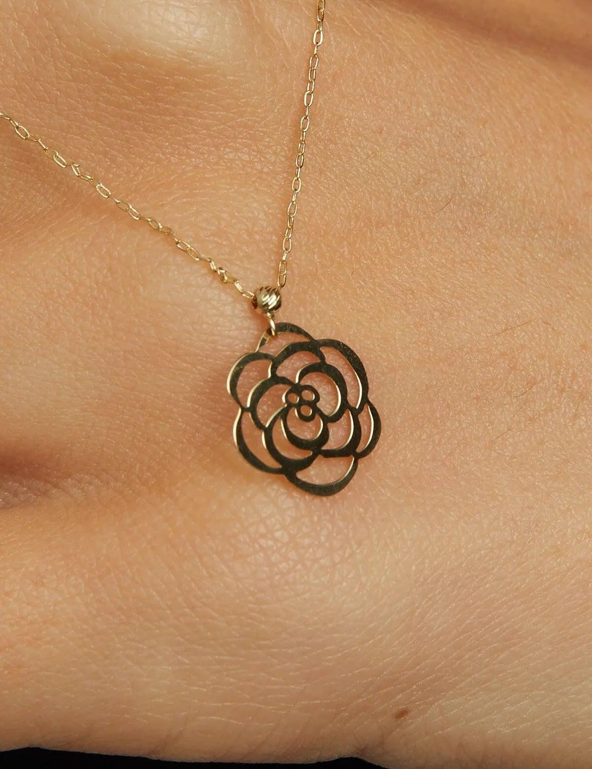14K Gold Rose Flower Necklace – Dainty Real Gold Floral Pendant - 4
