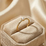 14K Gold Single Pearl Ring – Minimalist Dainty Stackable Band - 2