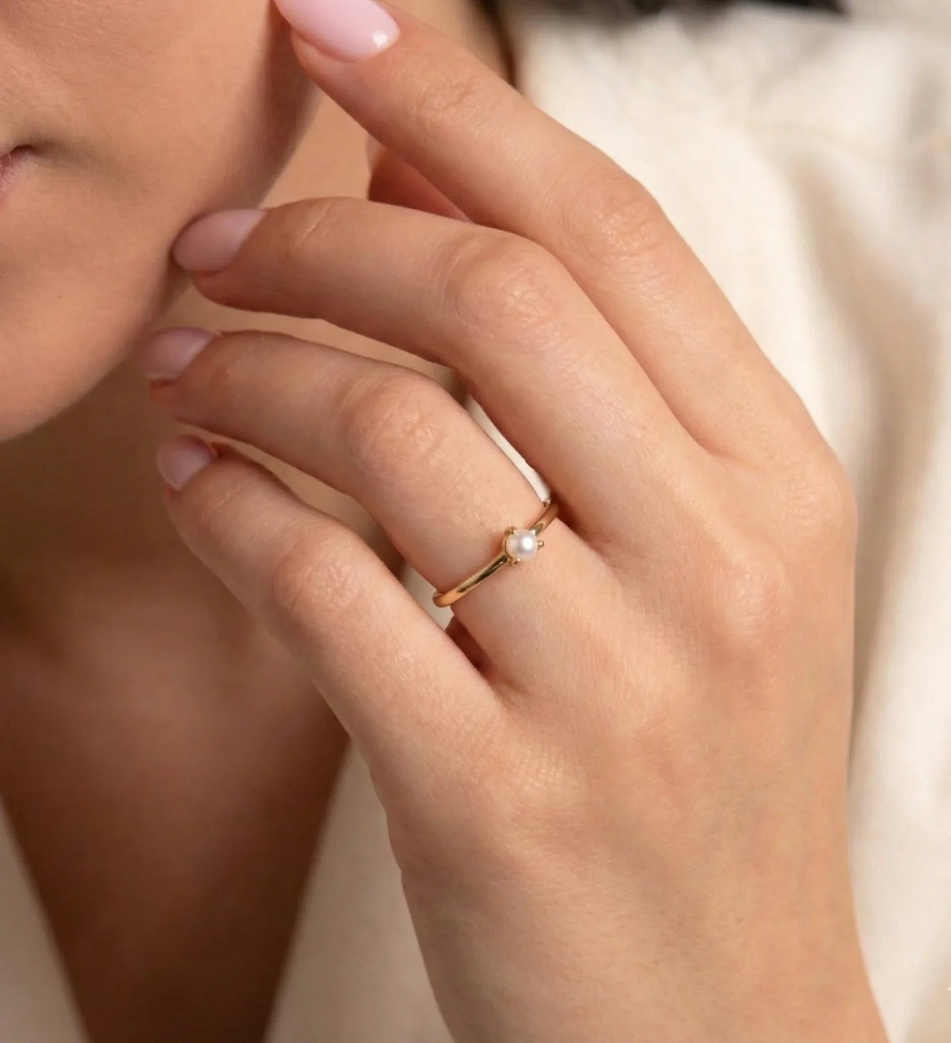 14K Gold Single Pearl Ring – Minimalist Dainty Stackable Band - 3