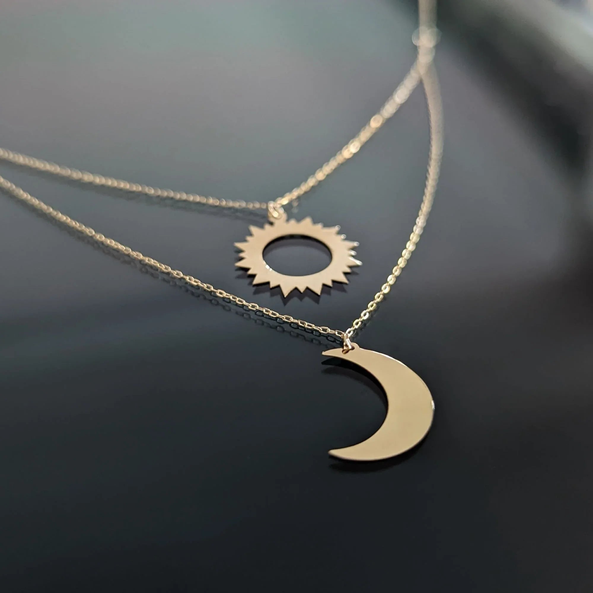 14K Gold Sun & Moon Double Layer Necklace – Celestial Harmony - 1