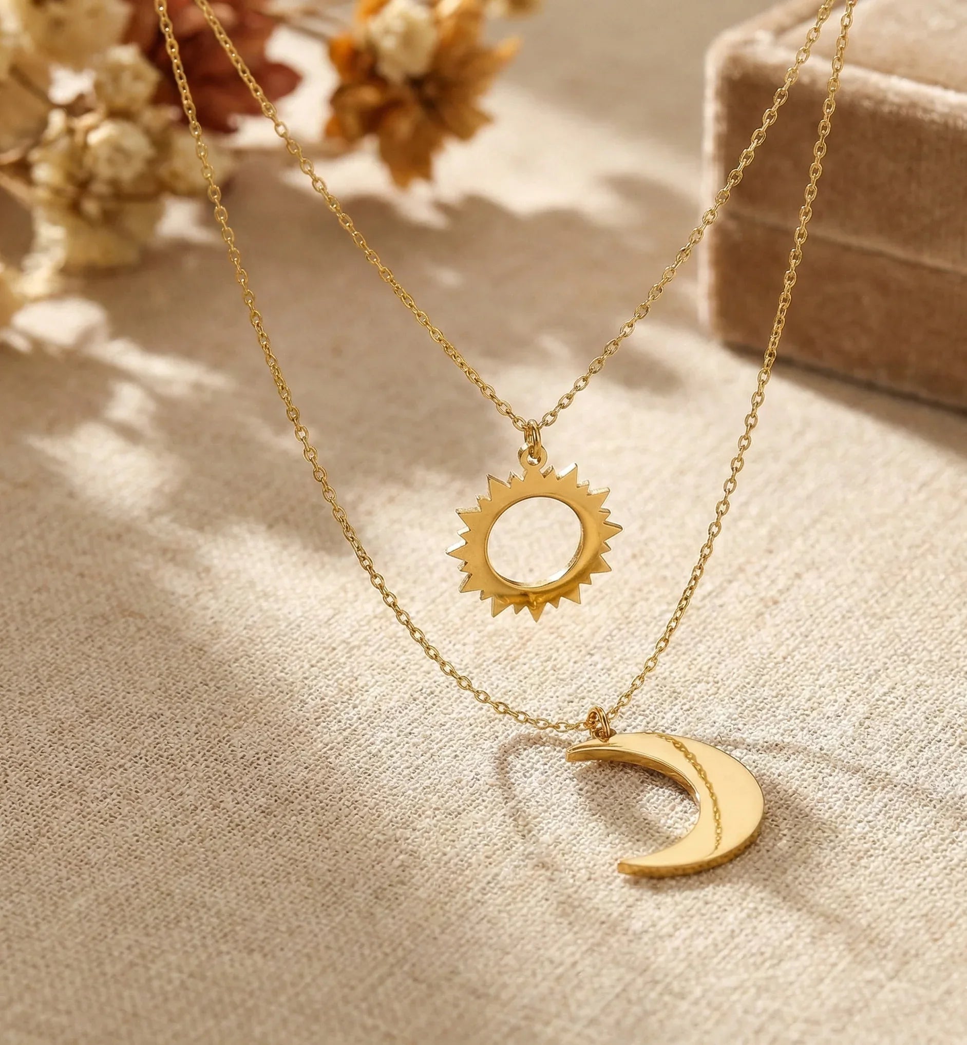 14K Gold Sun & Moon Double Layer Necklace – Celestial Harmony - 3