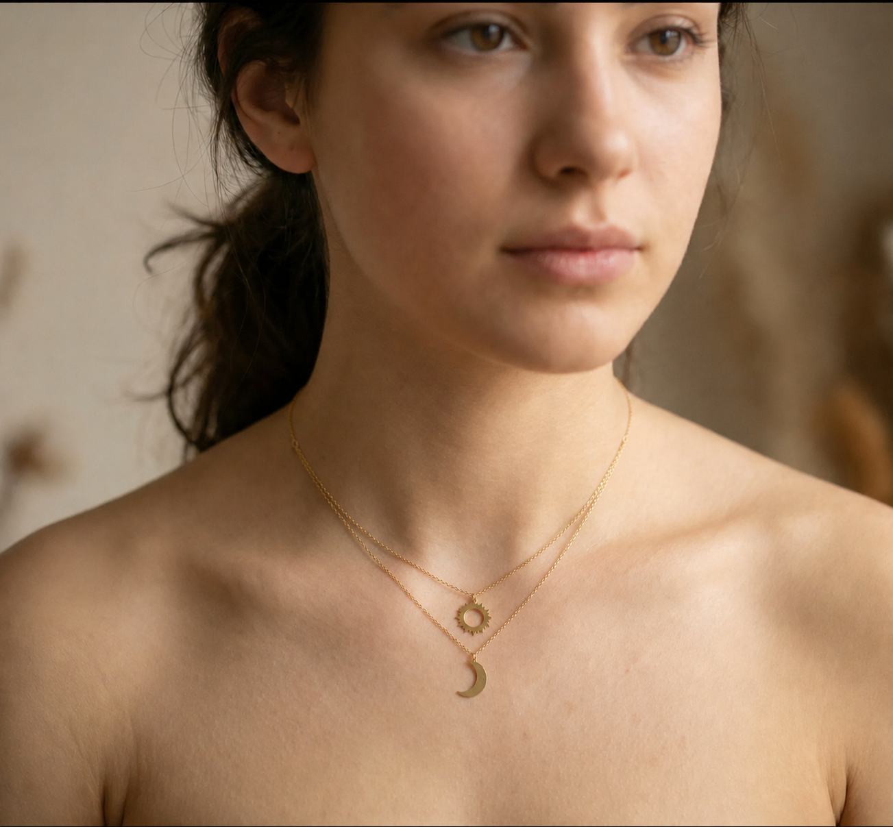 14K Gold Sun & Moon Double Layer Necklace – Celestial Harmony - 4