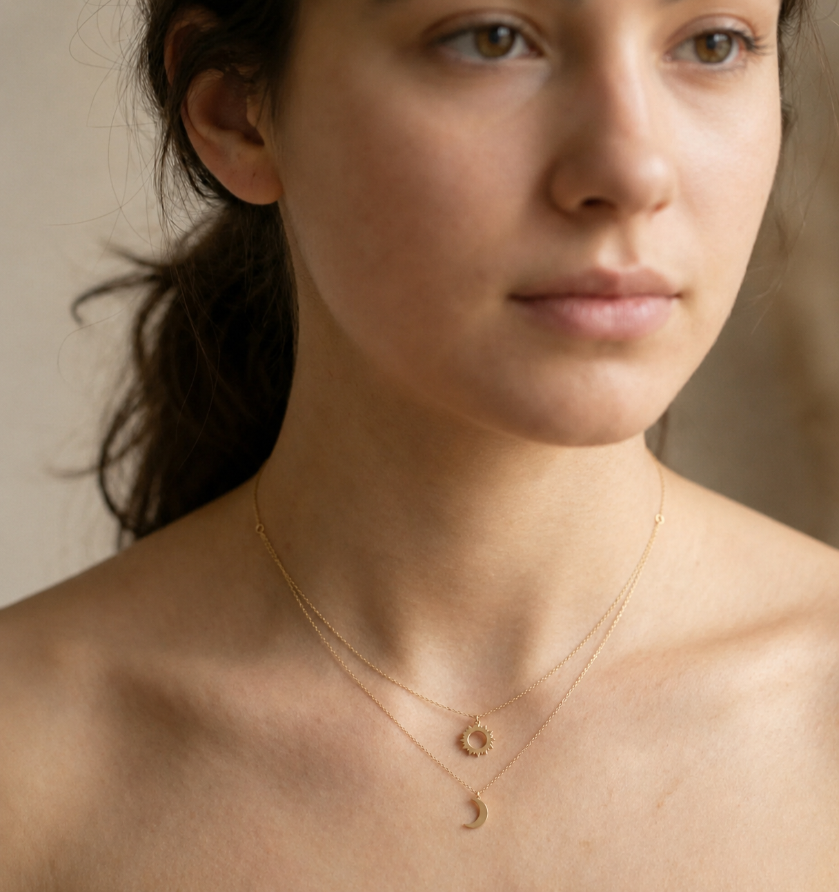 14K Gold Sun & Moon Double Layer Necklace – Celestial Harmony - 5