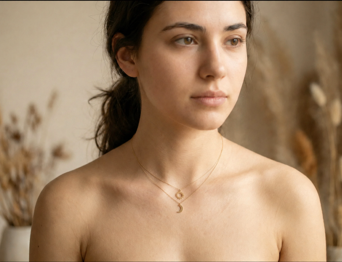 14K Gold Sun & Moon Double Layer Necklace – Celestial Harmony - 6