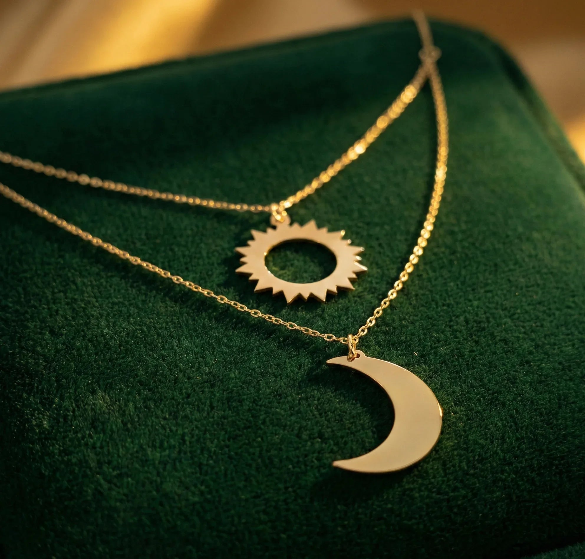 14K Gold Sun & Moon Double Layer Necklace – Celestial Harmony - 7