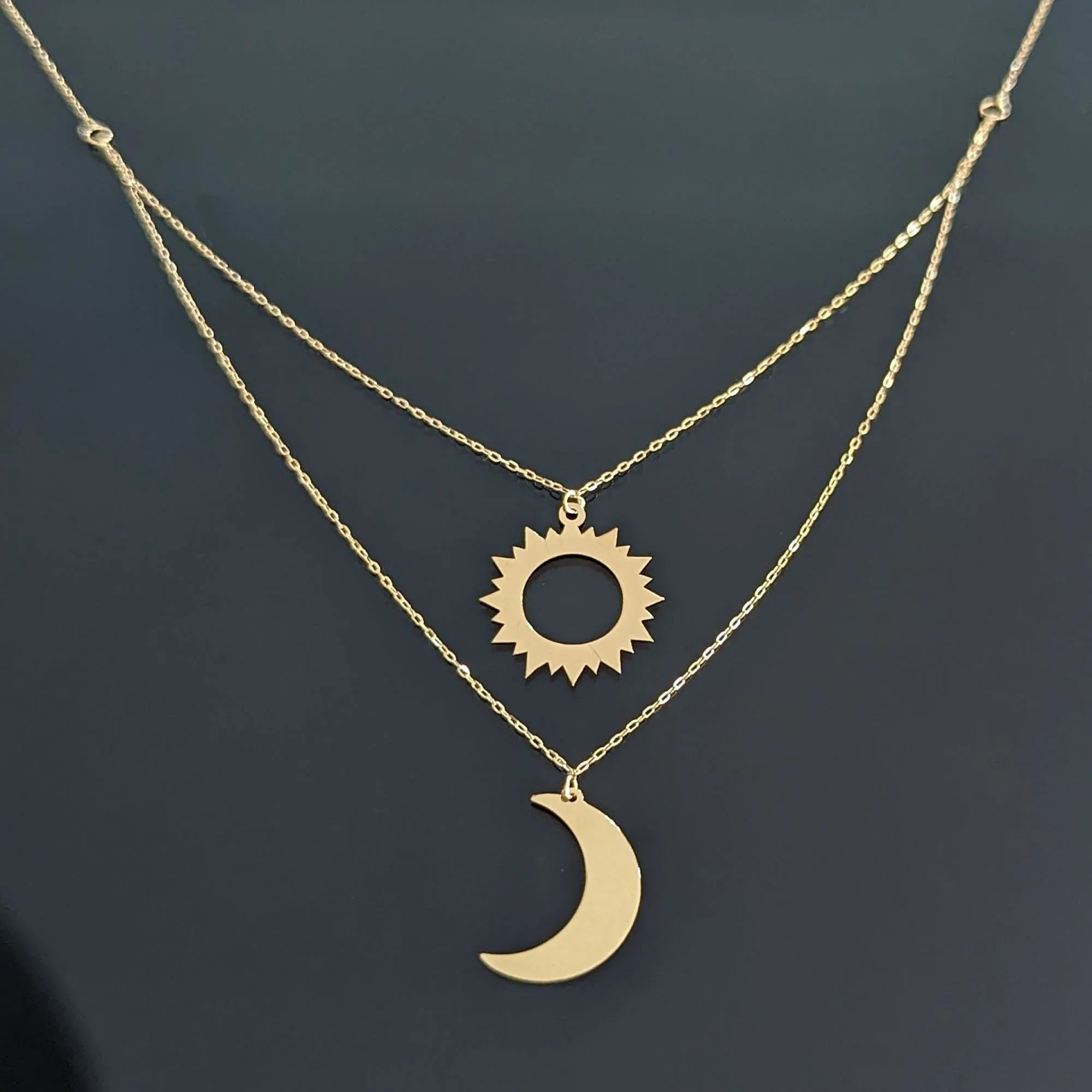 14K Gold Sun & Moon Double Layer Necklace – Celestial Harmony - 8