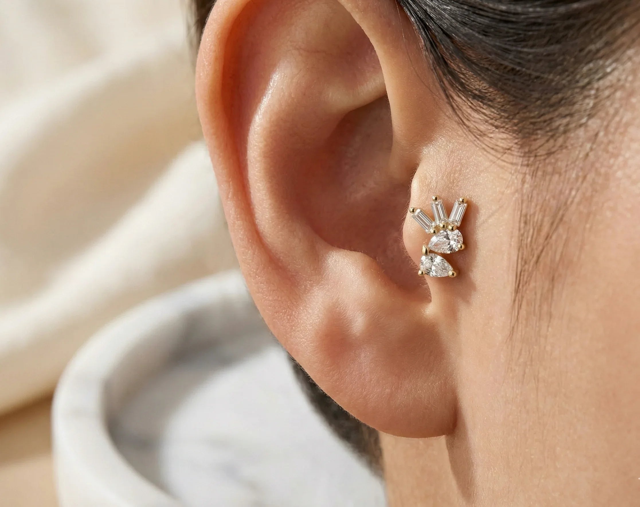 14K Gold Tragus Cartilage Stud –  Pear Baguette & Round - 28