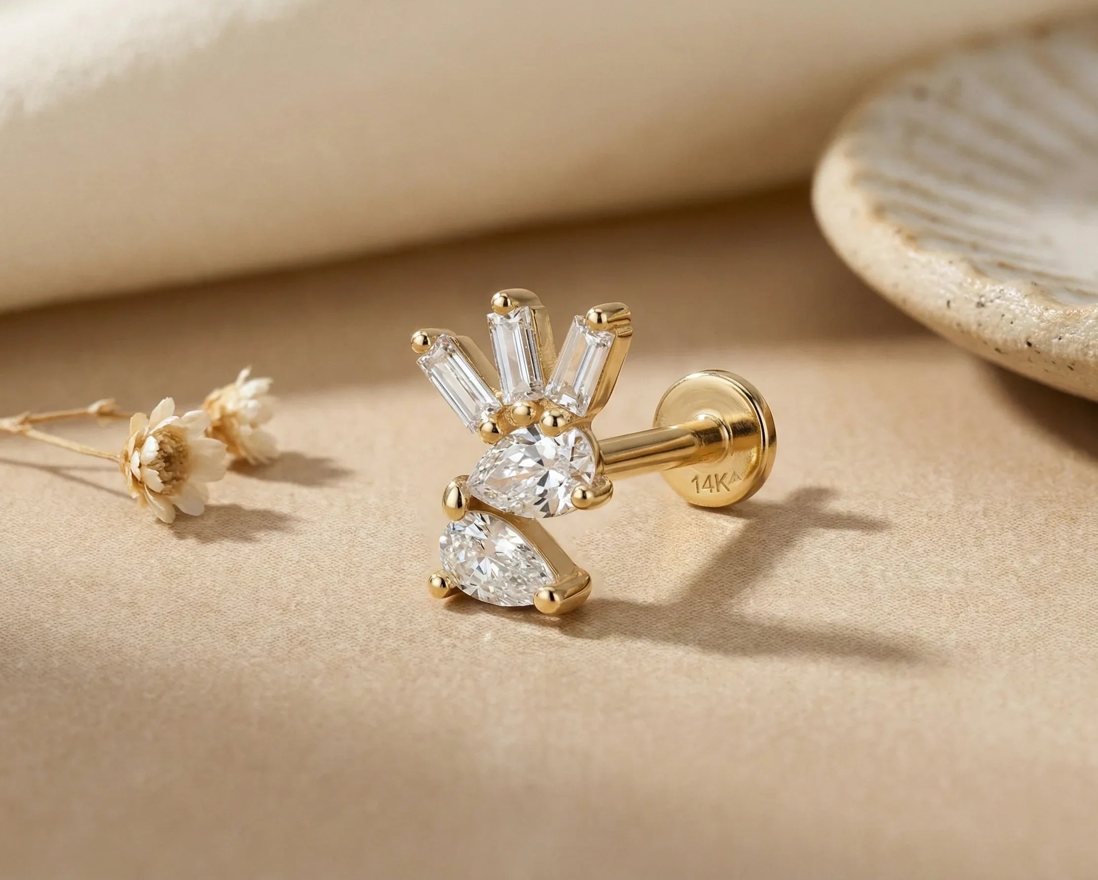 14K Gold Tragus Cartilage Stud –  Pear Baguette & Round - 33
