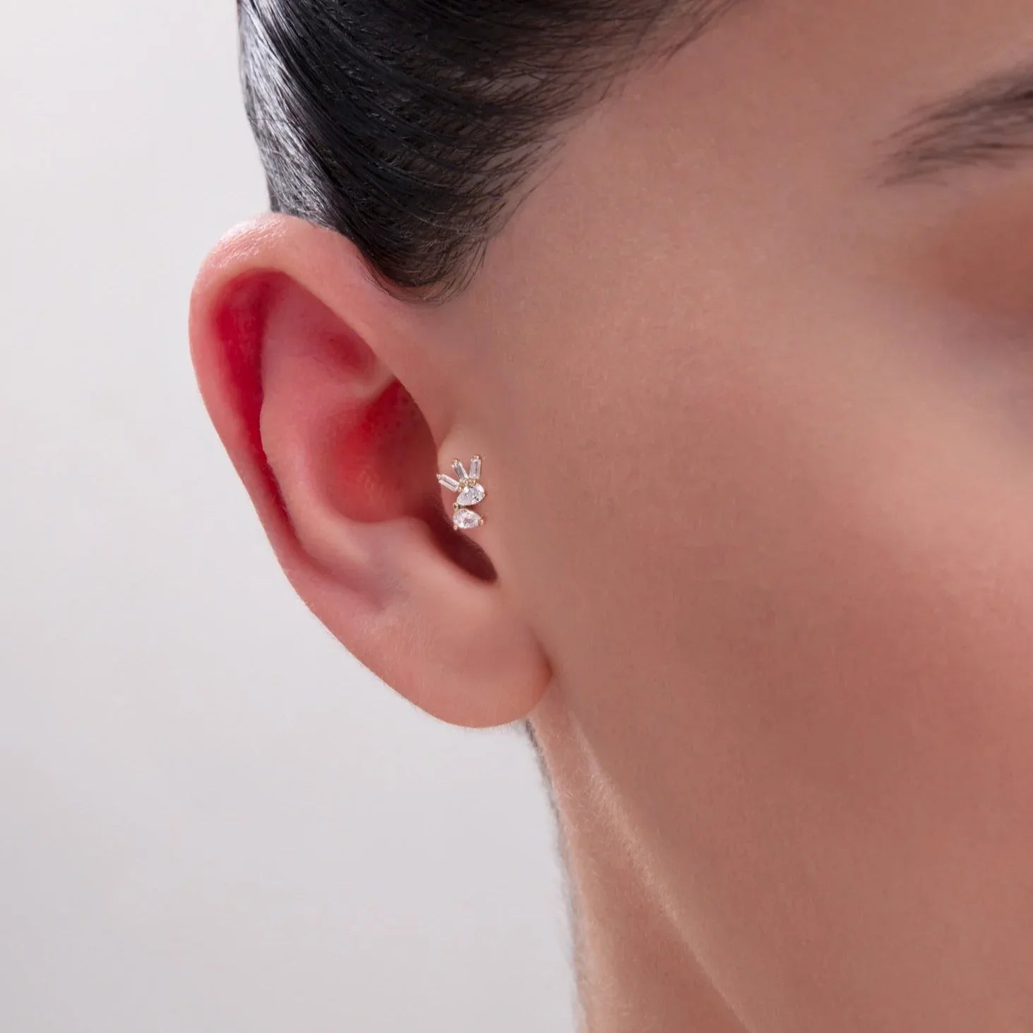 14K Gold Tragus Cartilage Stud –  Pear Baguette & Round - 40