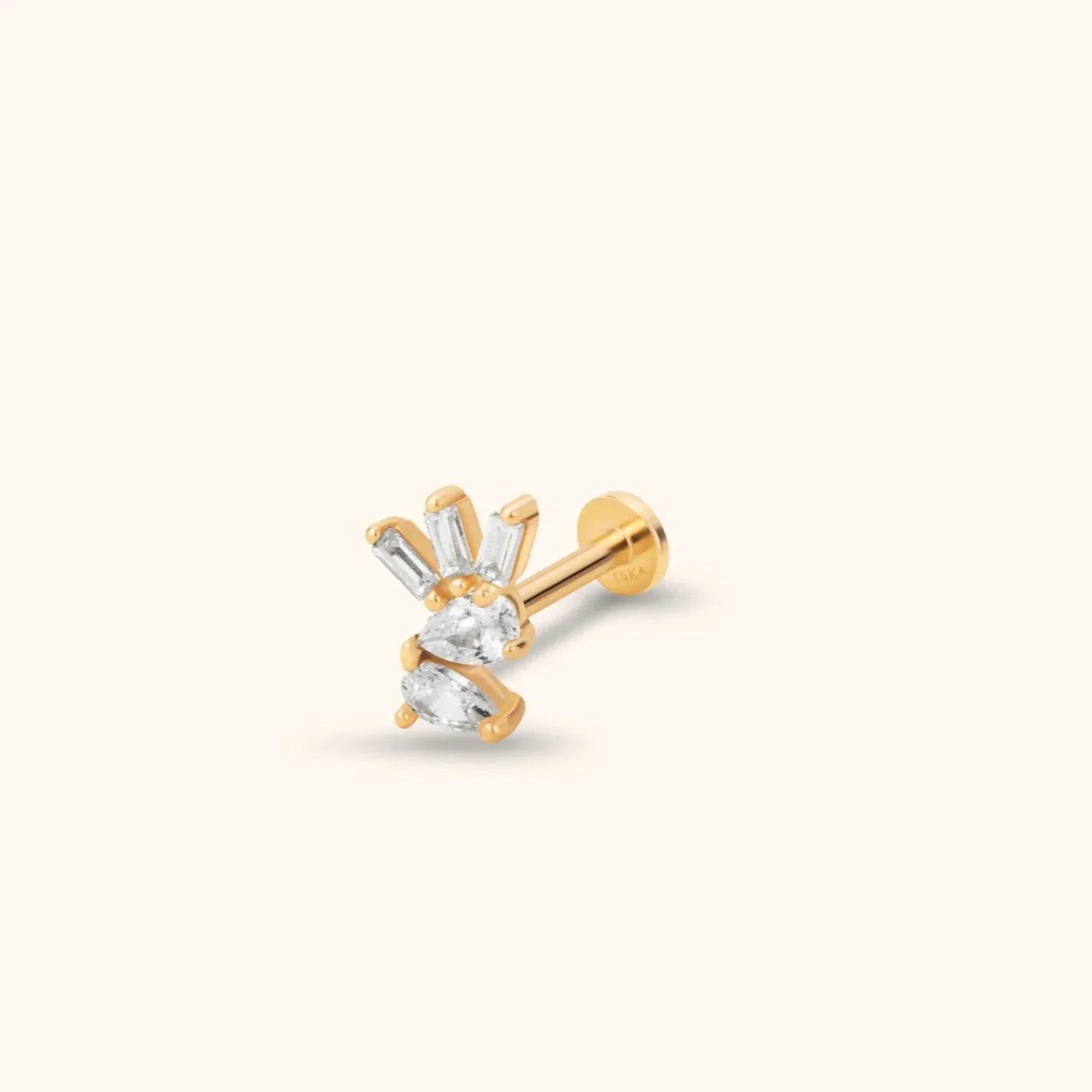 14K Gold Tragus Cartilage Stud –  Pear Baguette & Round - 50