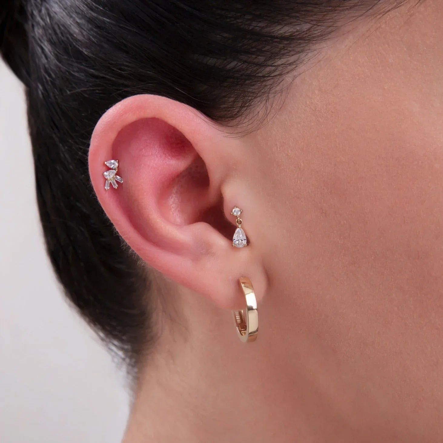14K Gold Tragus Cartilage Stud –  Pear Baguette & Round - 24