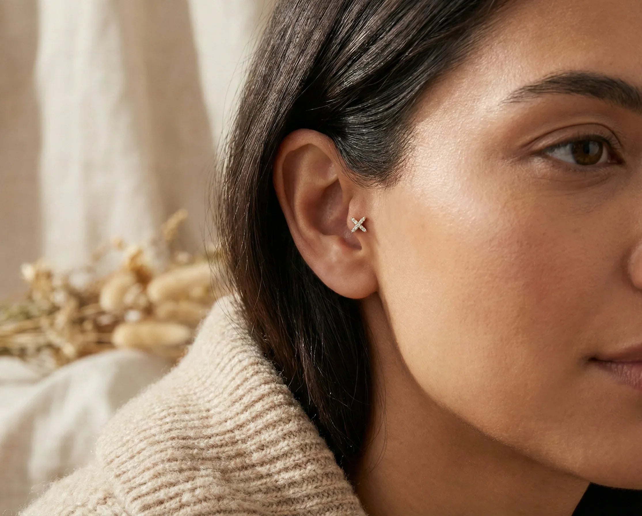 14K Gold Pavé X Cartilage Stud – Flat Back Labret - 1