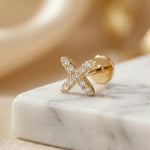 14K Gold Pavé X Cartilage Stud – Flat Back Labret - 12