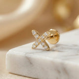 14K Gold Pavé X Cartilage Stud – Flat Back Labret - 12
