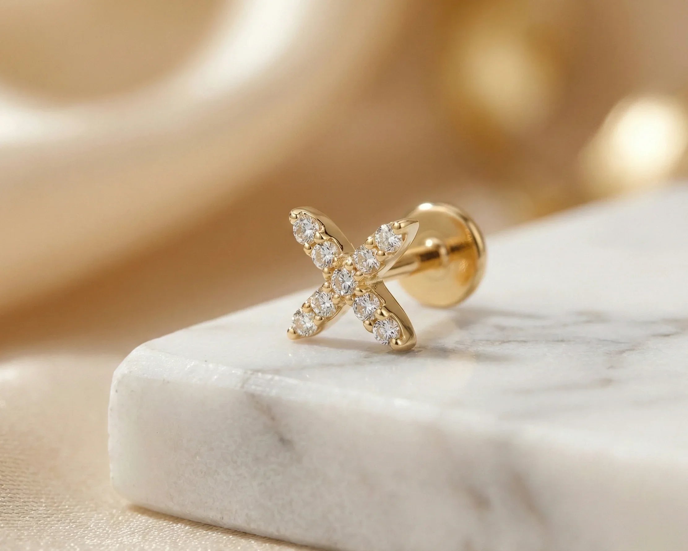 14K Gold Pavé X Cartilage Stud – Flat Back Labret - 12