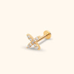 14K Gold Pavé X Cartilage Stud – Flat Back Labret - 13