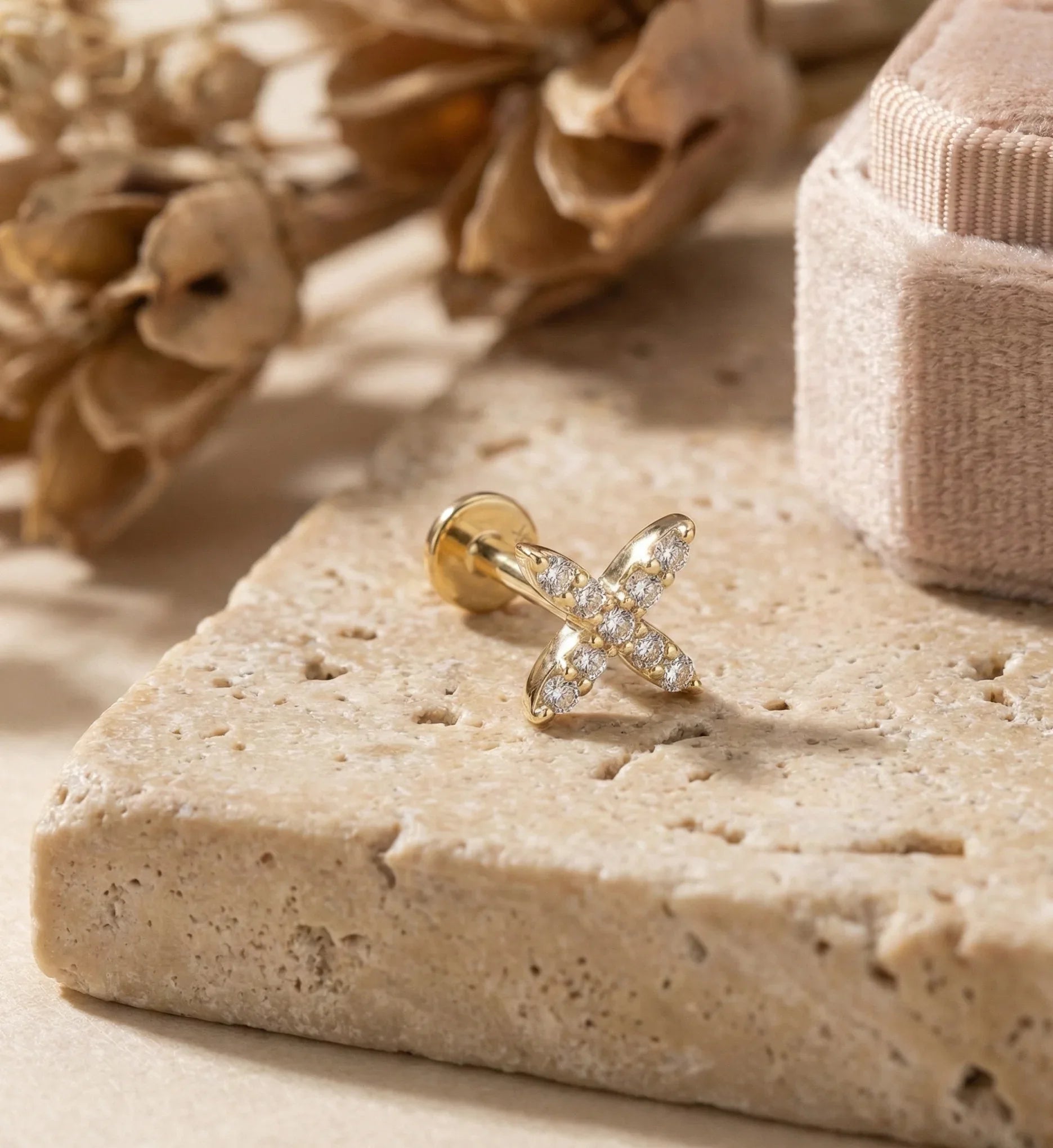 14K Gold Pavé X Cartilage Stud – Flat Back Labret - 3
