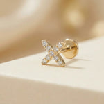 14K Gold Pavé X Cartilage Stud – Flat Back Labret - 6