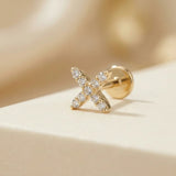 14K Gold Pavé X Cartilage Stud – Flat Back Labret - 6