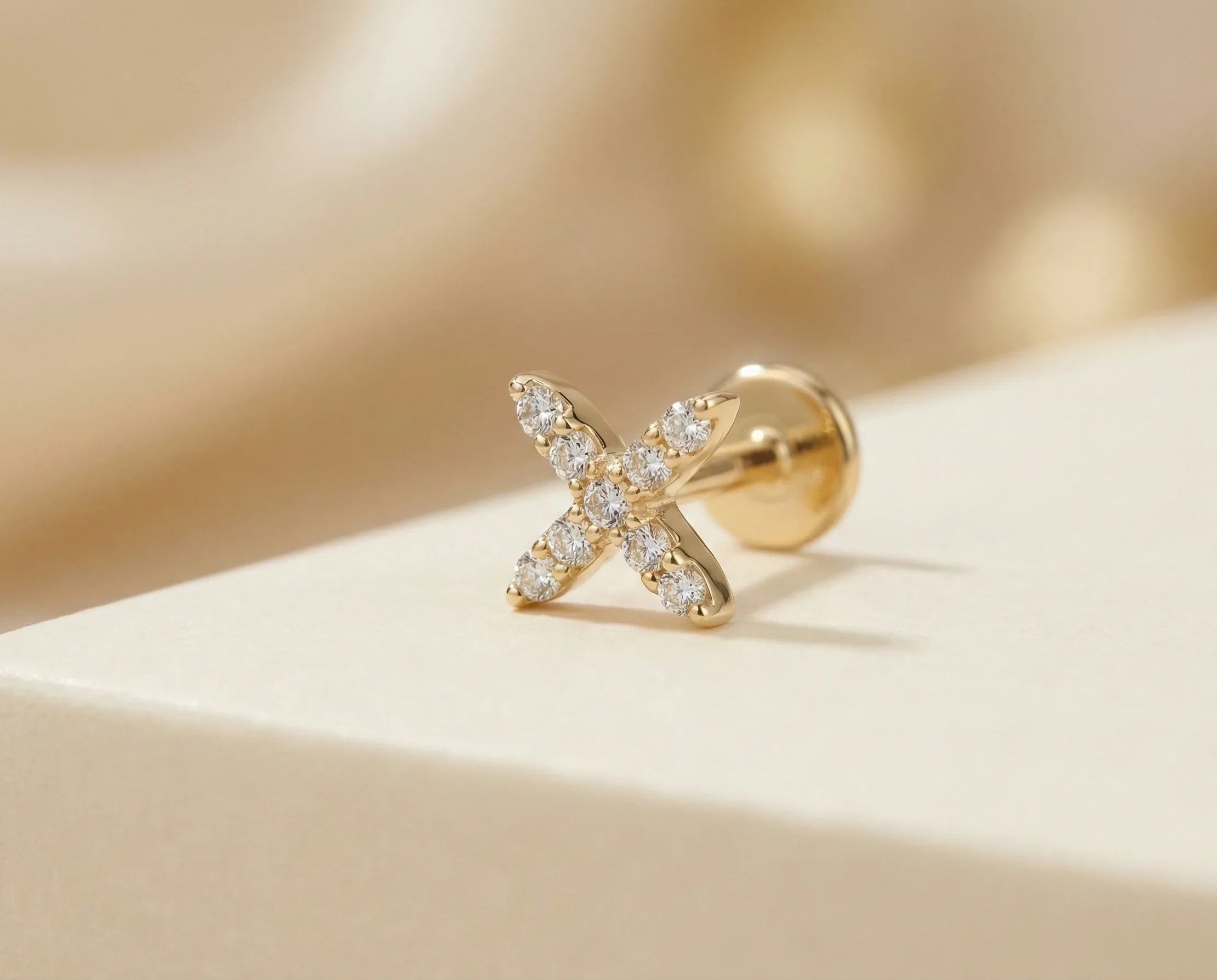 14K Gold Pavé X Cartilage Stud – Flat Back Labret - 6