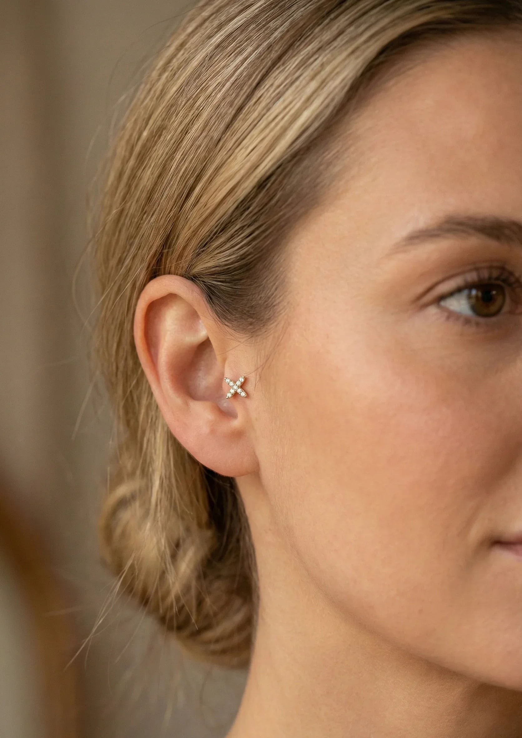 14K Gold Pavé X Cartilage Stud – Flat Back Labret - 7