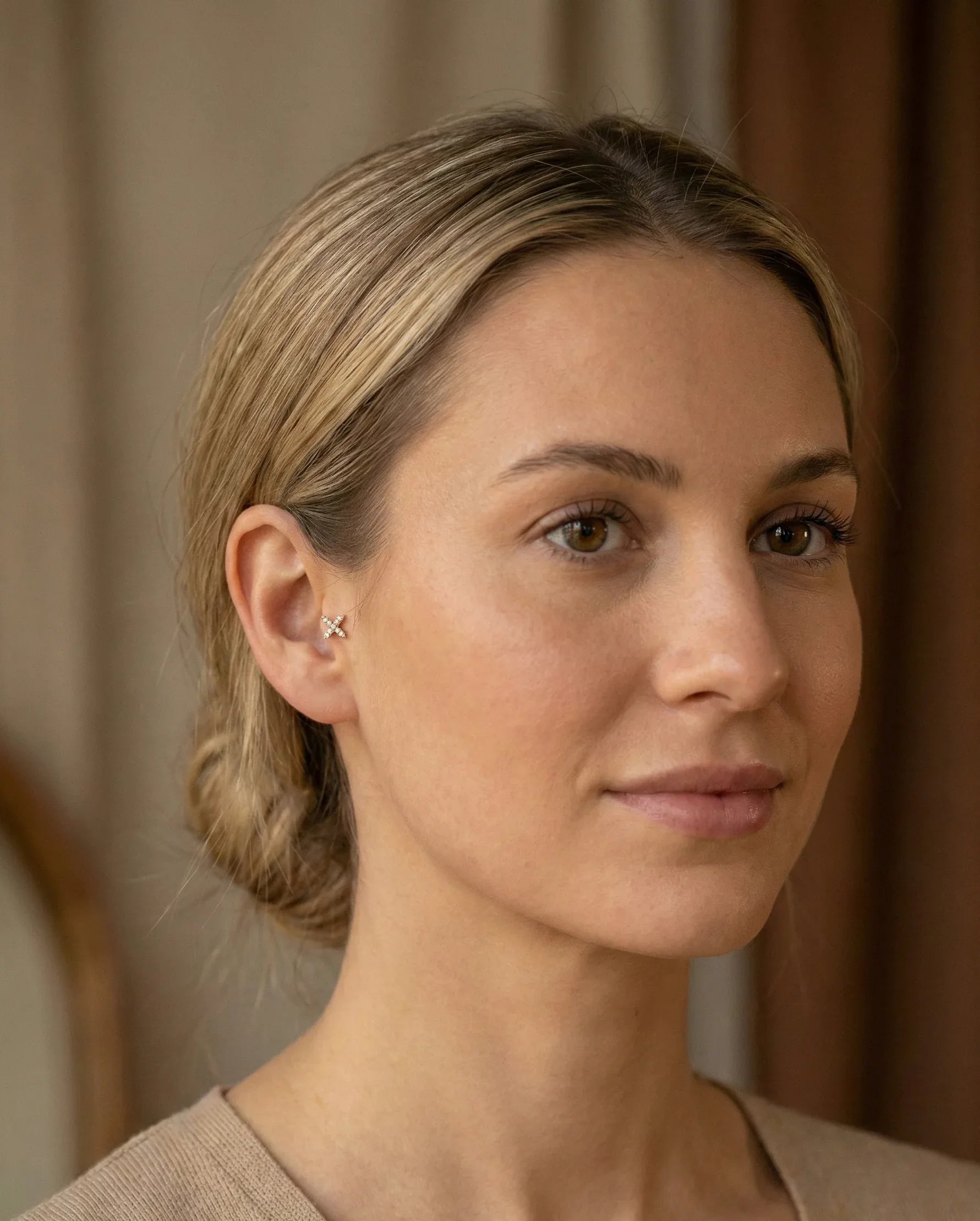 14K Gold Pavé X Cartilage Stud – Flat Back Labret - 8