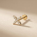 14K Gold Pavé X Cartilage Stud – Flat Back Labret - 9