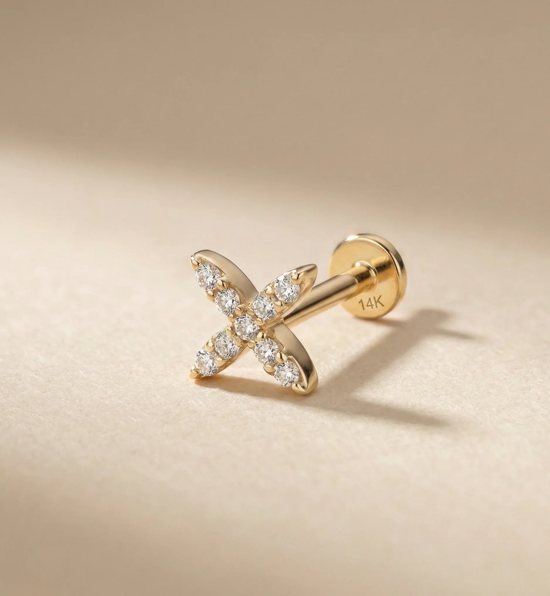 14K Gold Pavé X Cartilage Stud – Flat Back Labret - 9