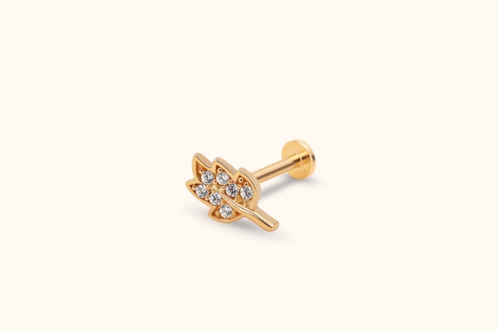 Gold-toned leaf-shaped stud earring with clear round accents, a straight post and a flat disc back on a cream background.