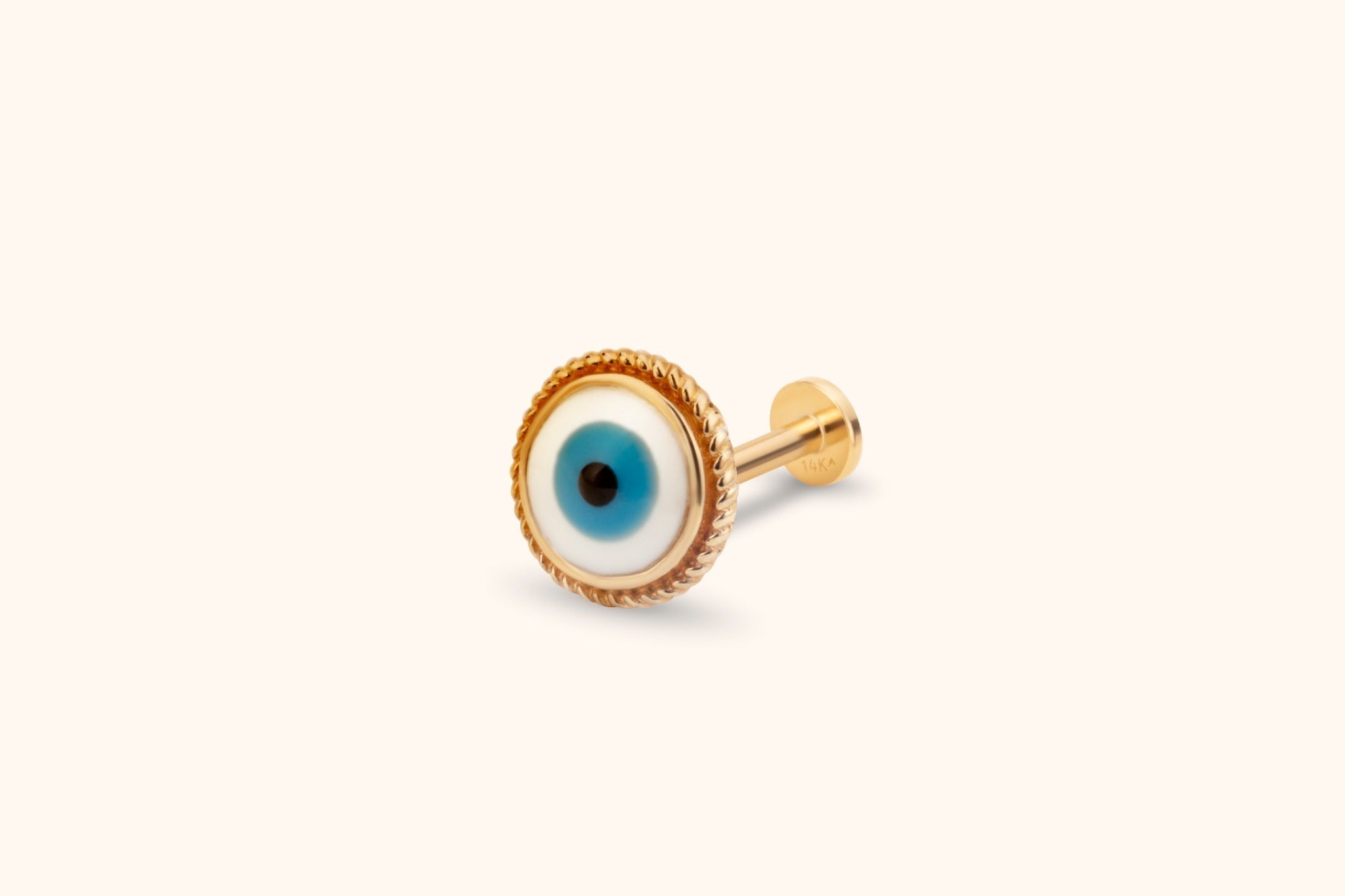 Gold-toned evil eye stud with a blue, white and black round face, rope-textured rim and flat disc back.