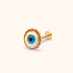 Gold-toned evil eye stud with a blue, white and black round face, rope-textured rim and flat disc back.