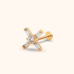 Gold-tone flat-back stud with a round clear stone centered between four rectangular clear stones in an X-shaped arrangement.