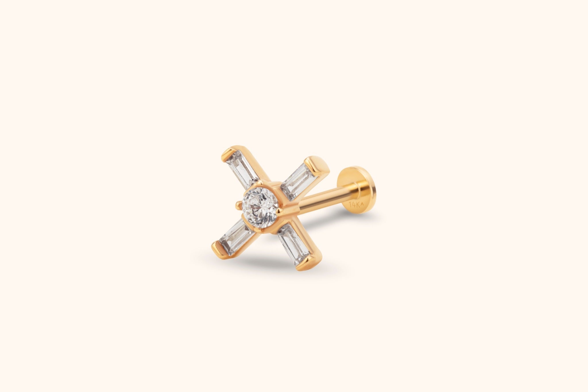 Gold-tone flat-back stud with a round clear stone centered between four rectangular clear stones in an X-shaped arrangement.