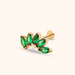 Gold-toned flat-back stud earring with five green marquise-shaped accents arranged in a curved, leaf-like cluster.