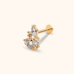Gold-tone flat-back stud with a cluster of clear marquise, pear-shaped and round stones, shown at an angle on a cream background.