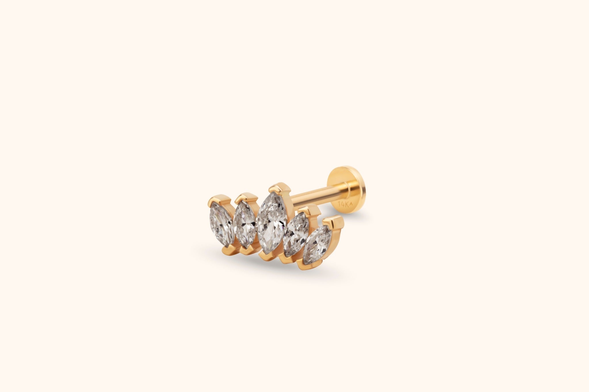 Gold-tone stud earring with five clear marquise-shaped stones in a crown-like cluster, a straight post and a flat round back.