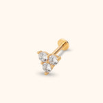Gold-toned stud earring with three round clear stones in a triangular cluster, a straight post and a flat circular back.