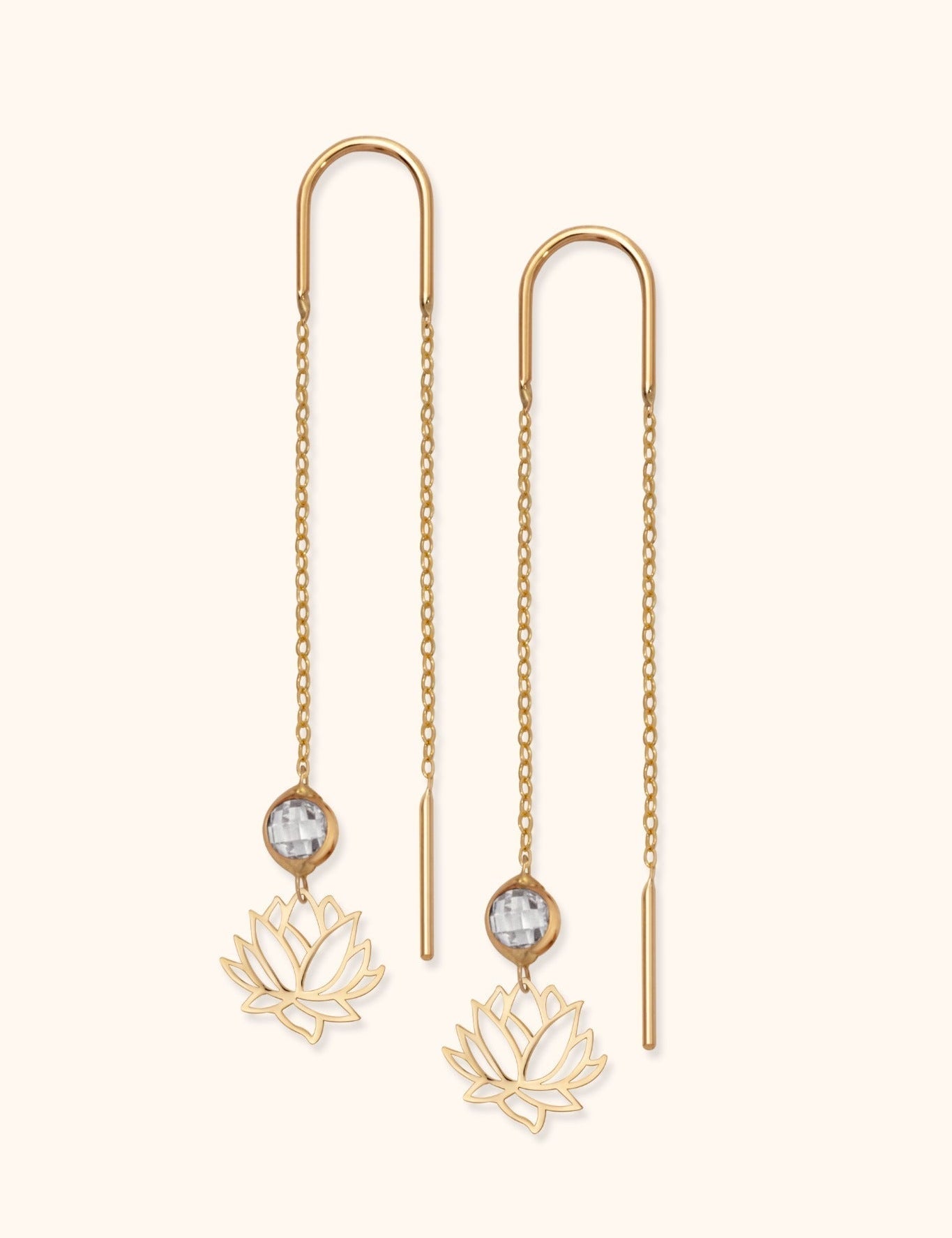 Pair of gold-colored threader earrings with fine chains, openwork lotus charms and round, clear faceted accents.