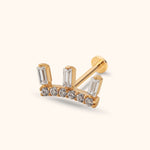 Gold-toned crown-shaped stud with three clear rectangular accents above six round accents, a straight post and flat disc back.
