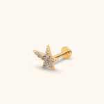 Gold-tone star stud earring with clustered clear round stones, a straight post and flat circular back on a cream background.