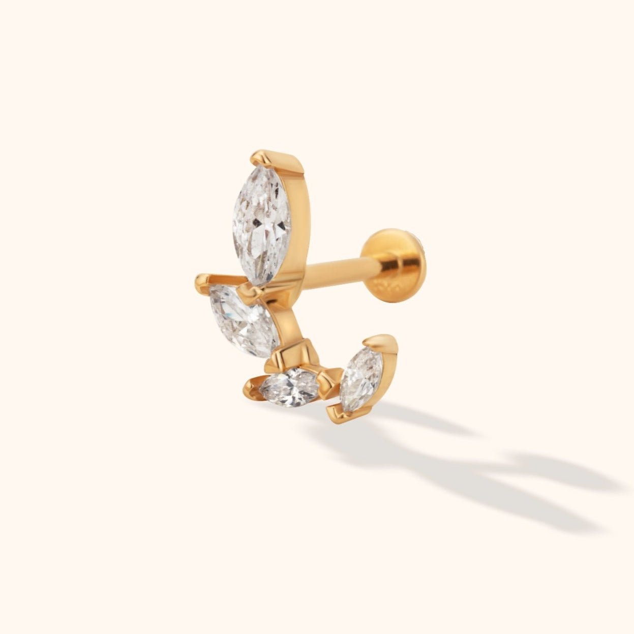 Gold-colored stud with four clear marquise-shaped accents in a curved cluster, a straight post and a round flat back.