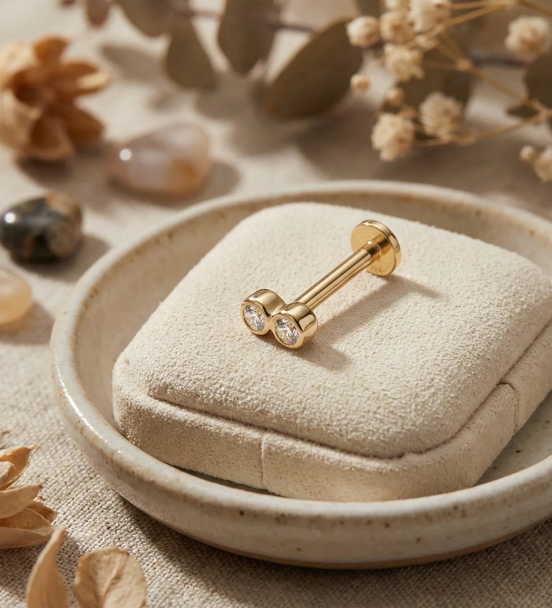 14K Solid Gold Double Crystal Tragus Stud – Minimalist Piercing Earring - 45