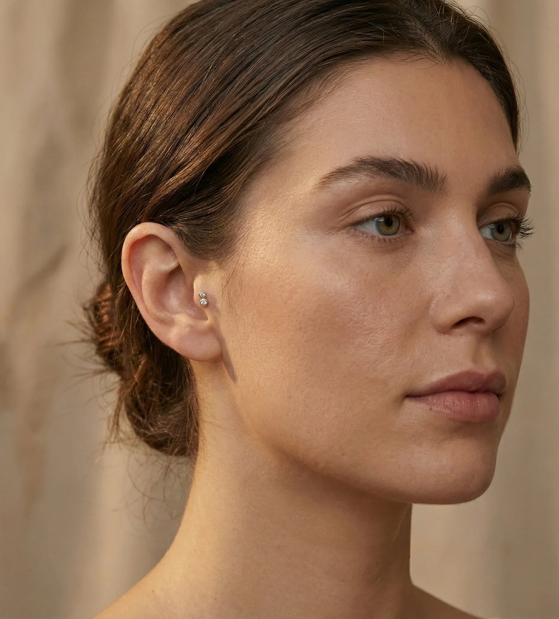 14K Solid Gold Double Crystal Tragus Stud – Minimalist Piercing Earring - 23