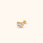 Gold-tone stud earring with four clear marquise-shaped stones in a curved row, a straight post and a round flat back.