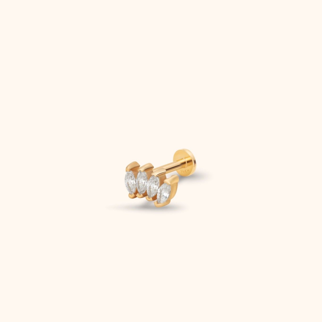 Gold-tone stud earring with four clear marquise-shaped stones in a curved row, a straight post and a round flat back.